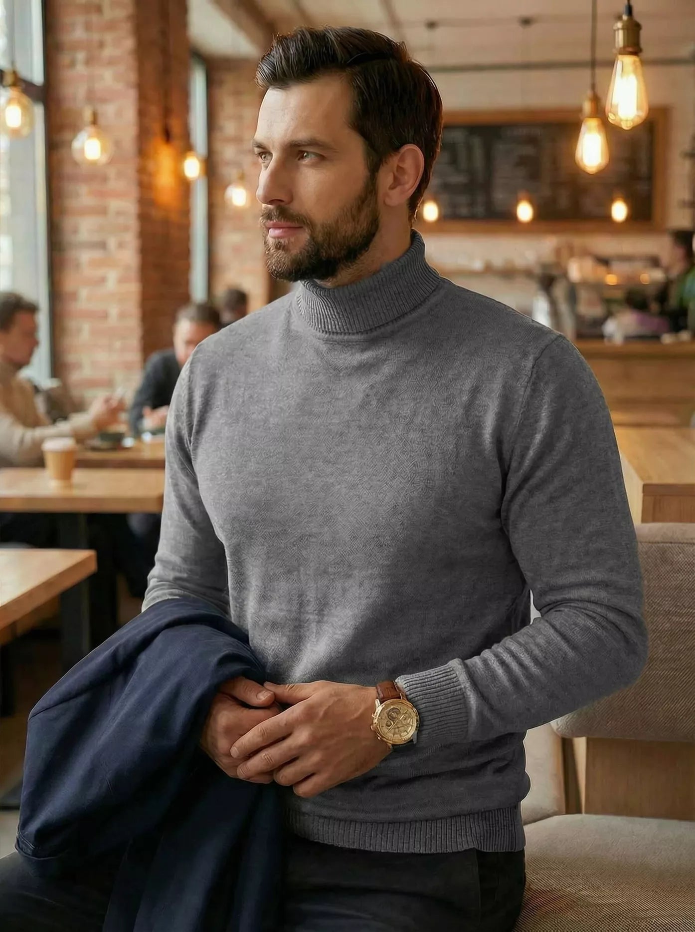 Vyriškas pilkas megztinis su aukštu kaklu Melba