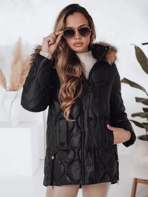 Moteriška juoda žieminė striukė su rudu kailiuku Lumor