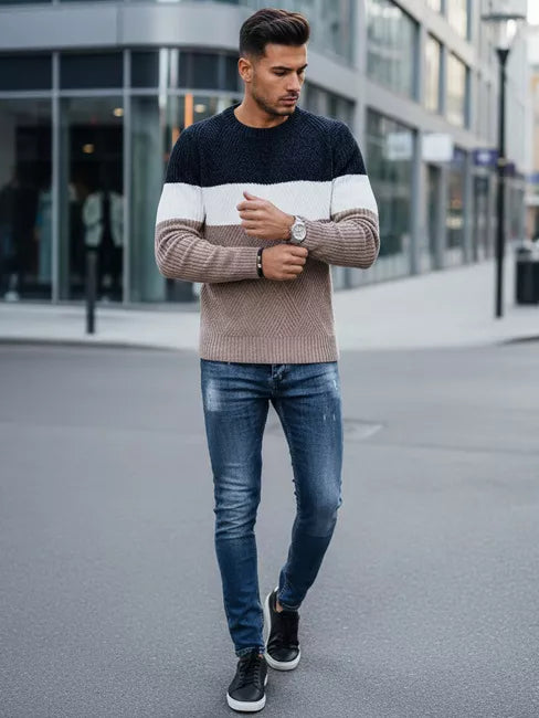 Vyriškas tamsiai mėlynas ir rusvas megztinis Epic