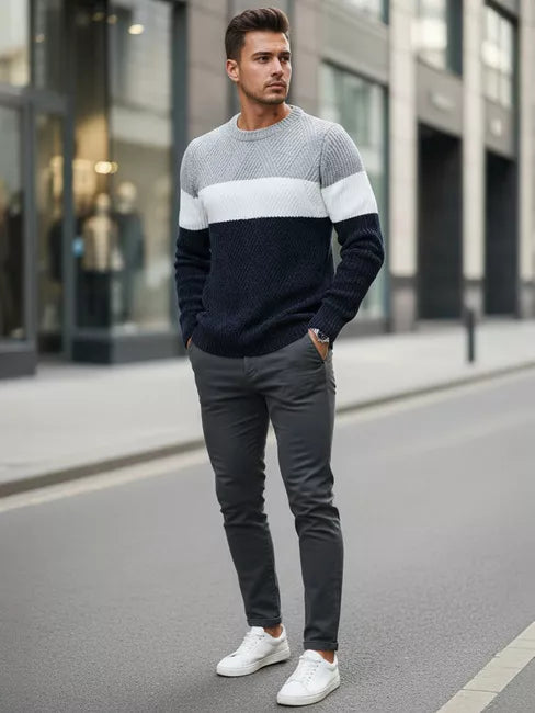 Vyriškas pilkas ir tamsiai mėlynas  megztinis Epic