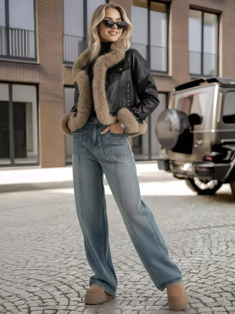 Moteriška juoda odinė striukė su kailiu Bali