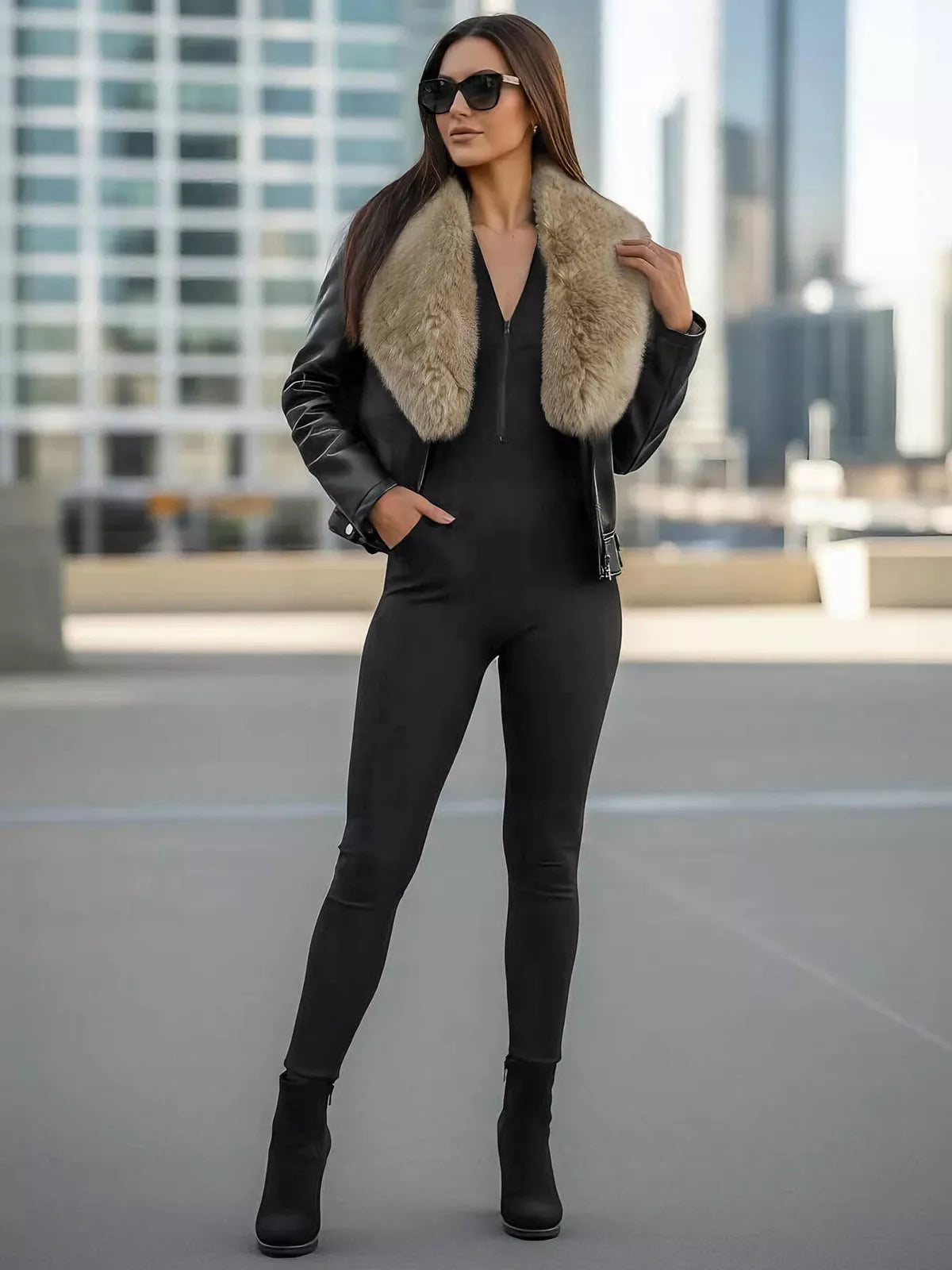 Moteriška juoda odinė striukė su rusvu kailiuku Laser