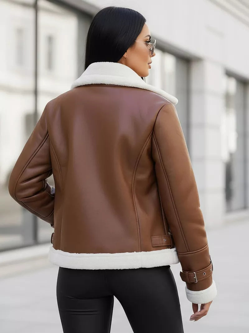 Moteriška ruda odinė striukė su kailiuku Elen