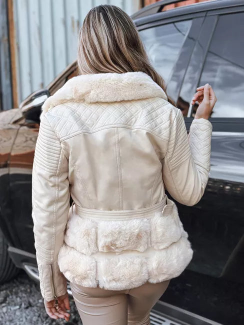 Moteriška rusva odinė baikerio striukė su kailiu Lora