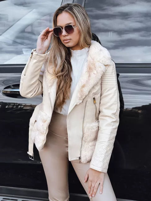 Moteriška rusva odinė baikerio striukė su kailiu Lora