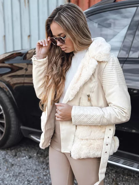 Moteriška rusva odinė baikerio striukė su kailiu Lora