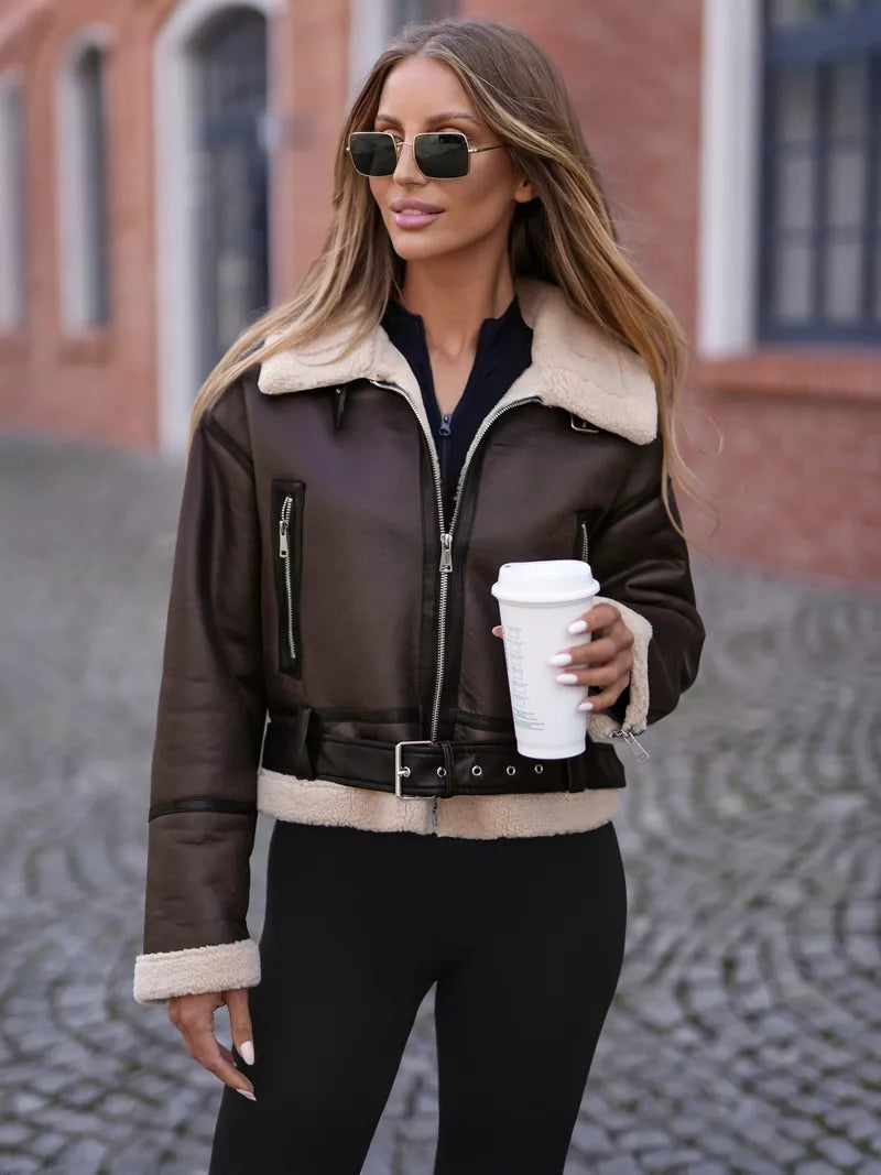 Moteriška tamsiai ruda odinė striukė Alani