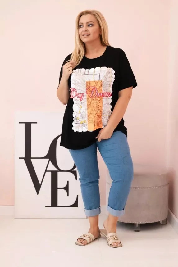 Moteriški juodi su oranžine detale marškinėliai Day dream