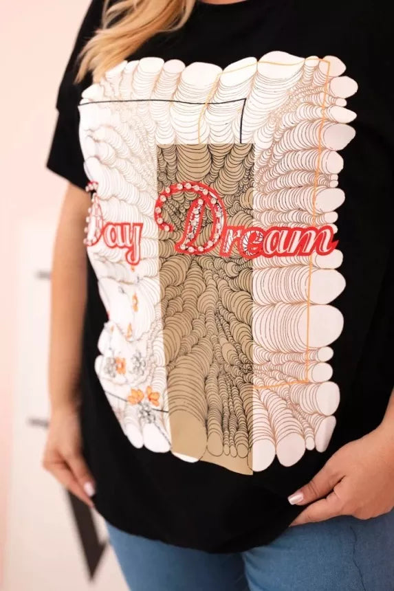 Moteriški juodi su ruda detale marškinėliai Day dream