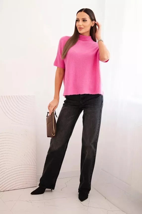 Moteriškas rožinis megztinis trumpomis rankovėmis Endi