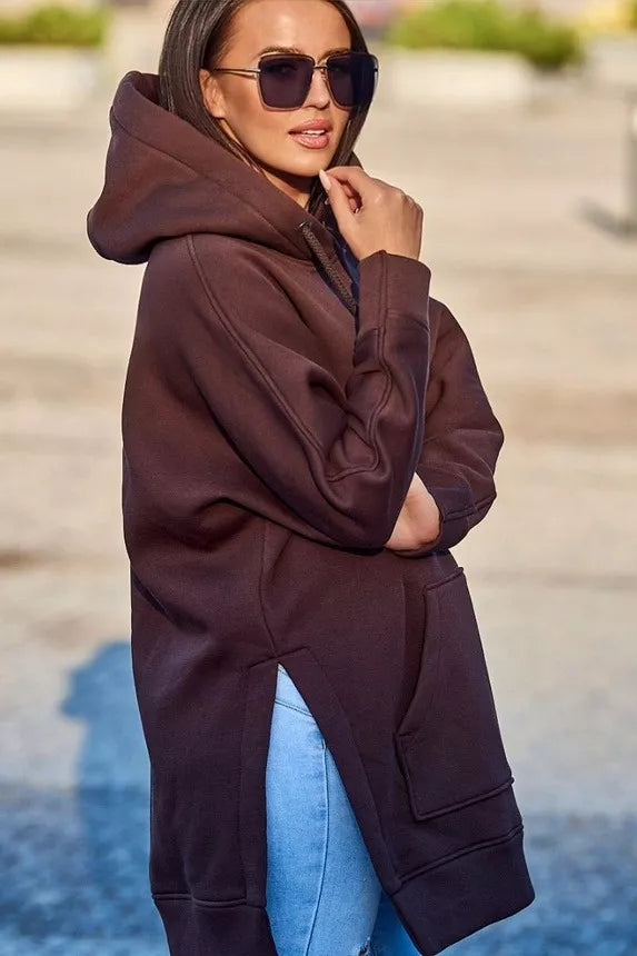 Moteriškas rudas džemperis su gobtuvu Wine