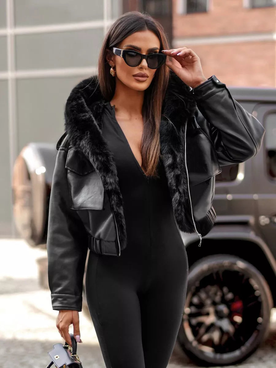 Juoda odinė striukė su juodu kaliuku Auro