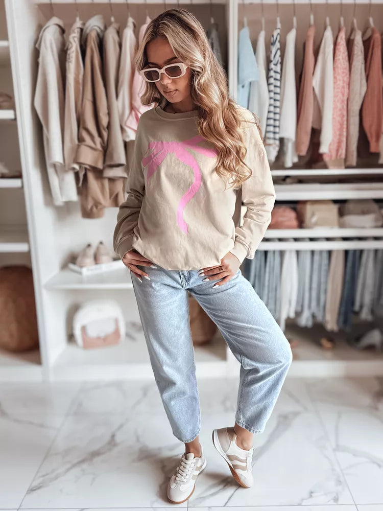 Moteriškas rusvas su rožiniu kaspinėliu džemperis Cute