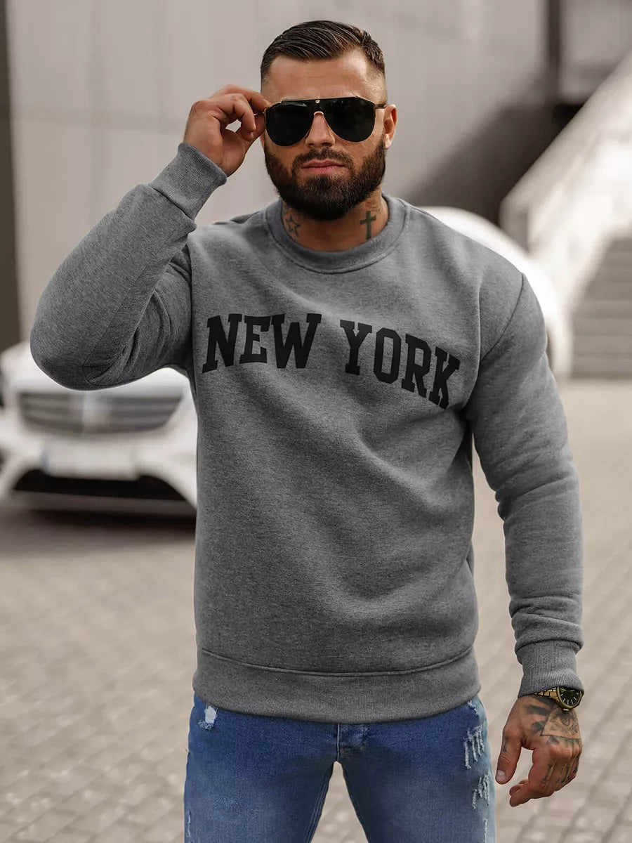 Vyriškas pilkos spalvos džemperis be gobtuvo New York