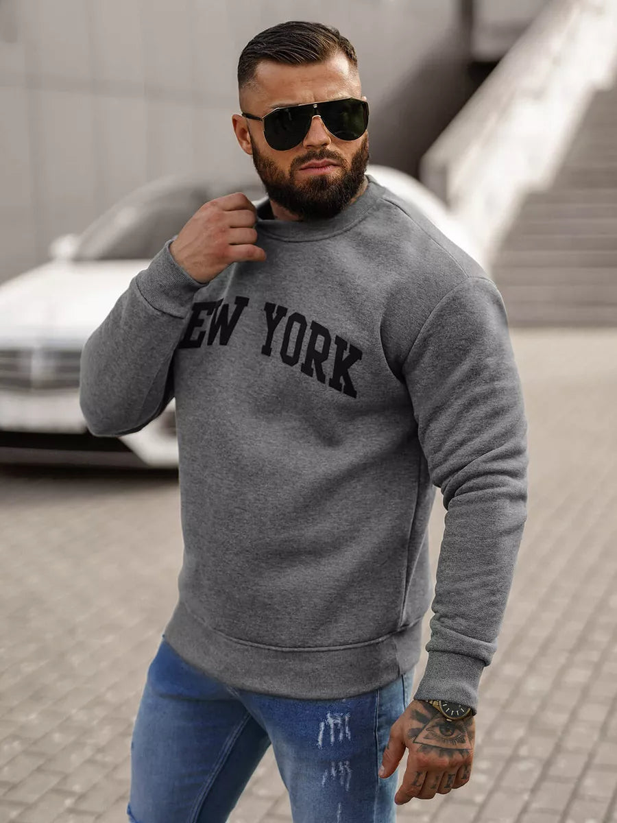 Vyriškas pilkos spalvos džemperis be gobtuvo New York