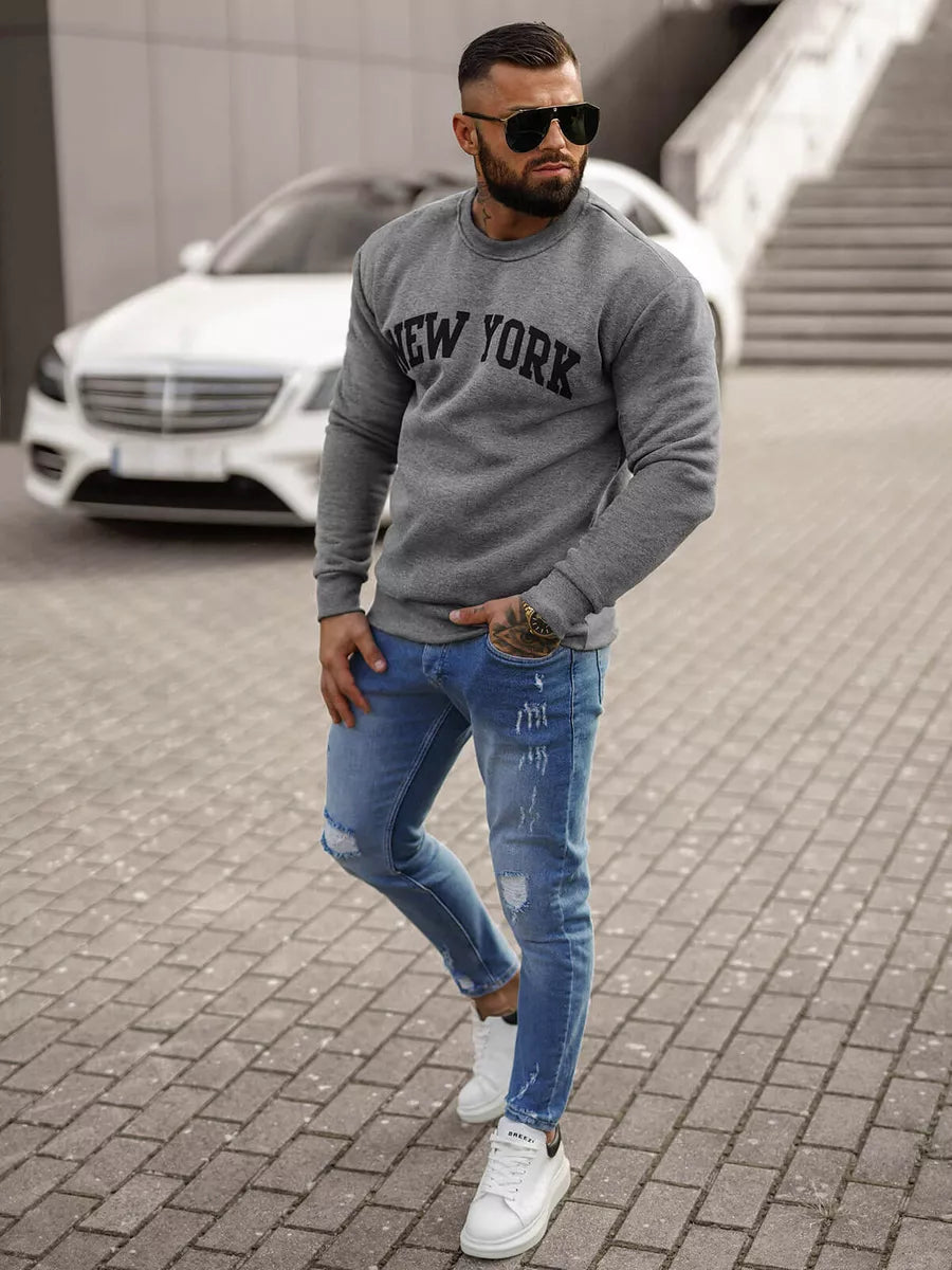 Vyriškas pilkos spalvos džemperis be gobtuvo New York