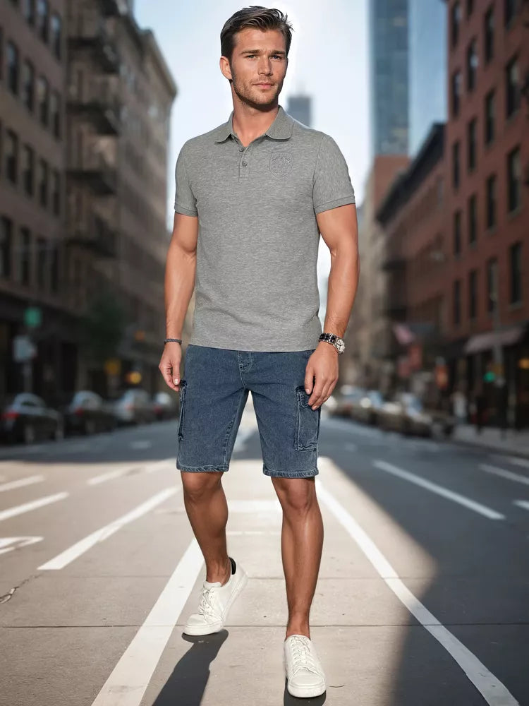 Vyriški pilkos spalvos polo marškinėliai su logotipu Emb