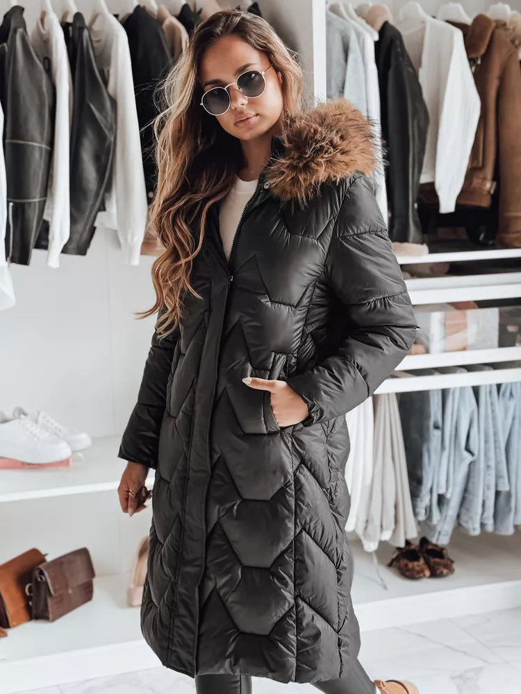 Moteriška ilga juoda su rudu kailiuku striukė Inter