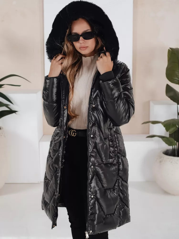 Moteriška juoda striukė su juodu kailiuku Elec