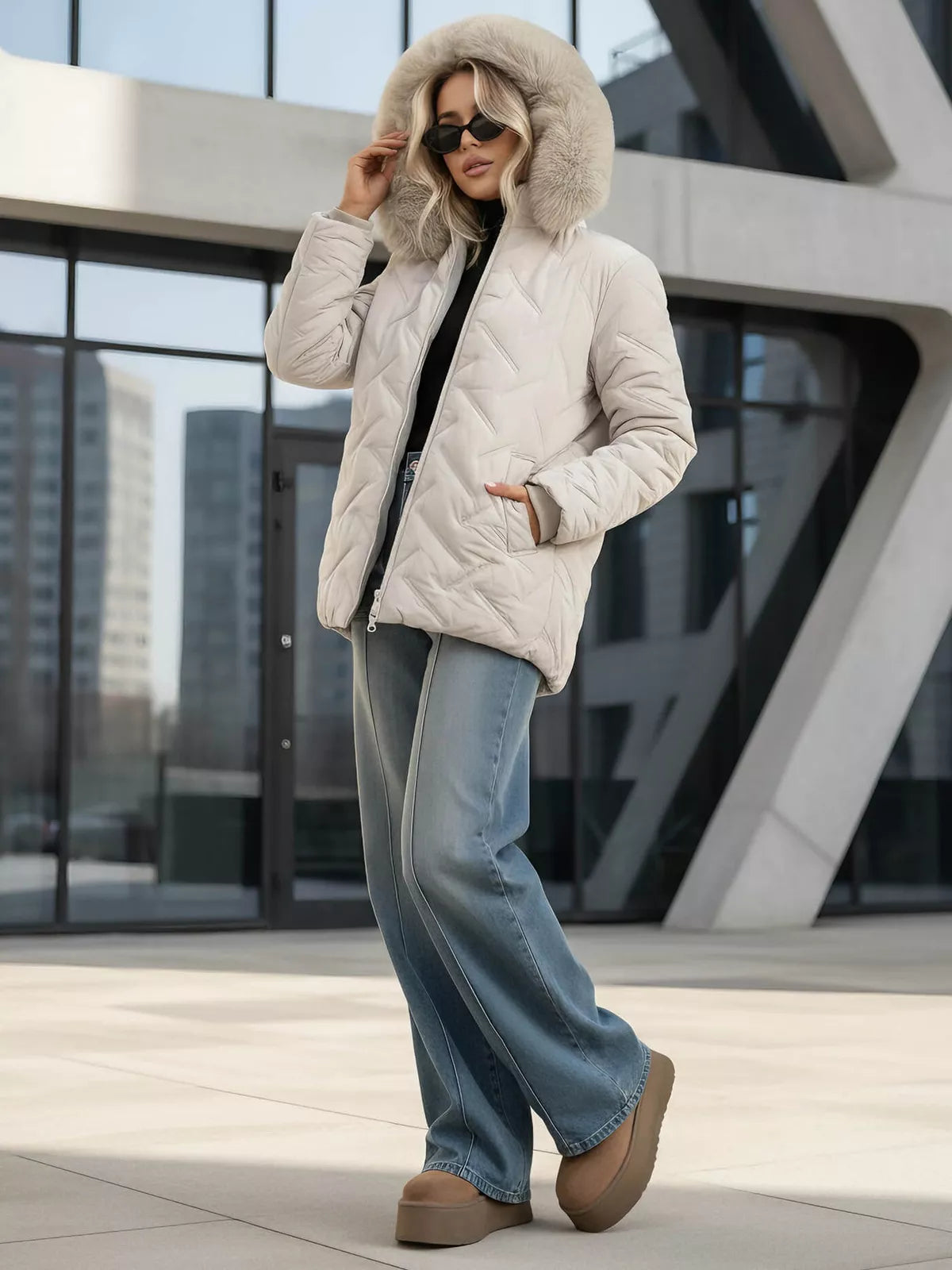 Moteriška šviesiai pilka žieminė striukė su gobtuvu Levi