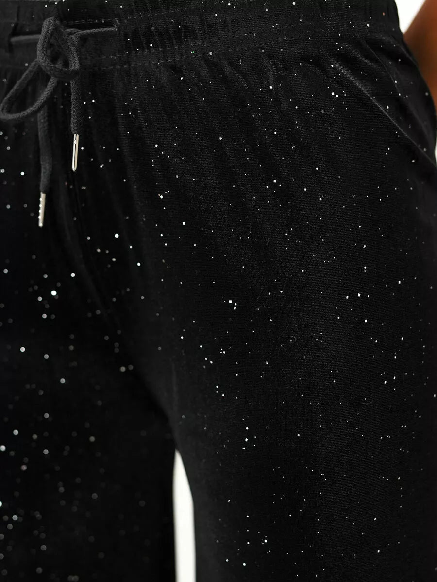 Moteriškos juodos plačios aksominės kelnės Metal