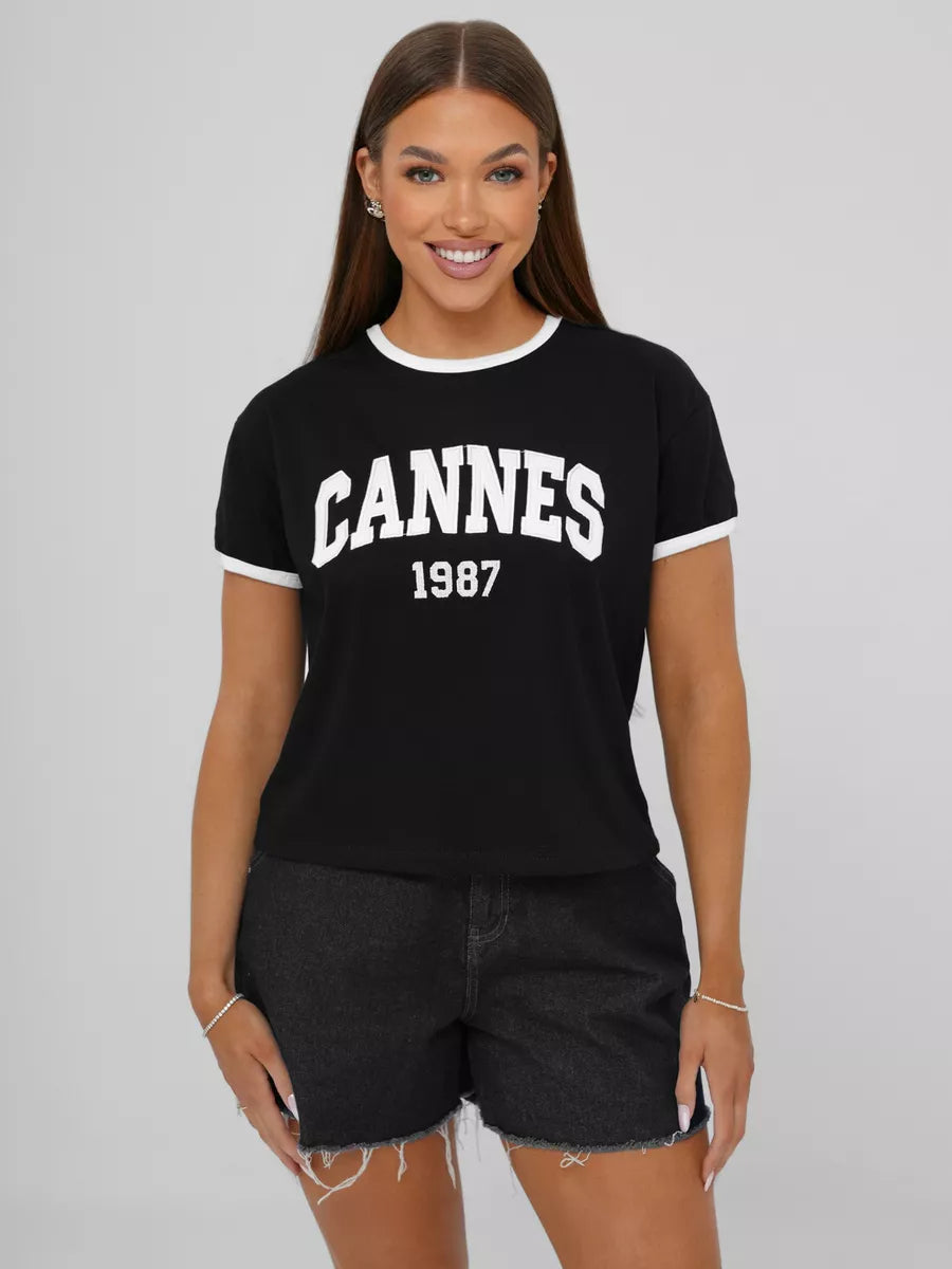 Moteriški juodos spalvos marškinėliai Cannes
