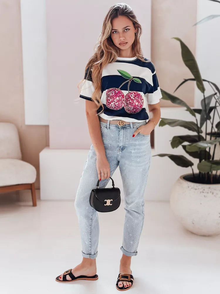 Moteriški tamsiai mėlyni dryžuoti marškinėliai Disco