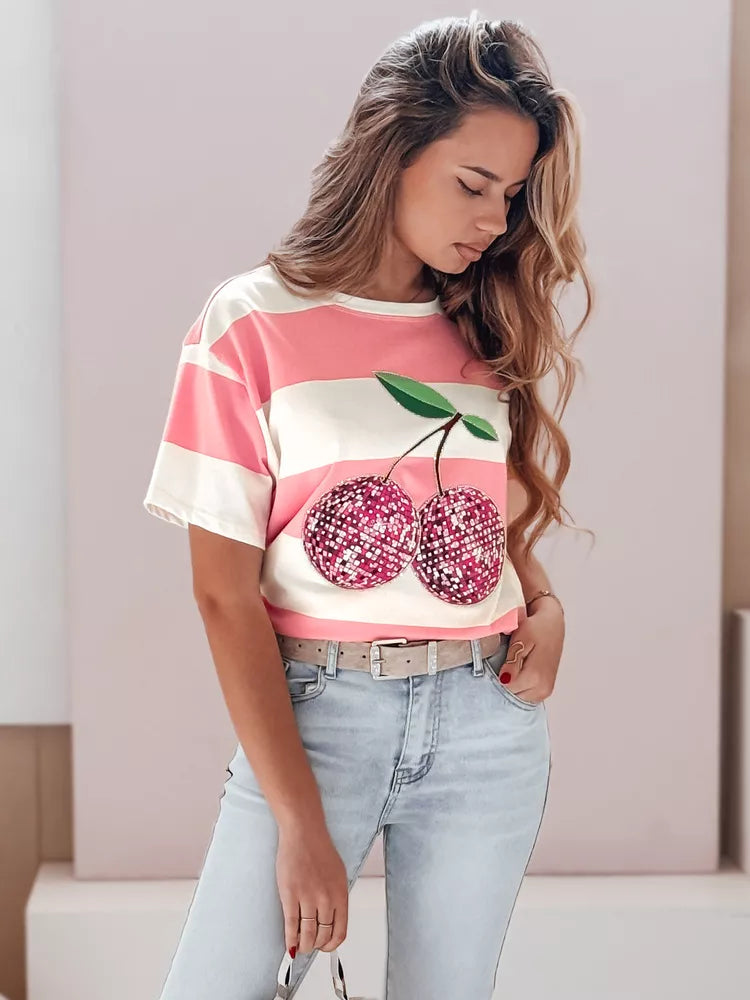 Moteriški rožiniai dryžuoti marškinėliai Disco