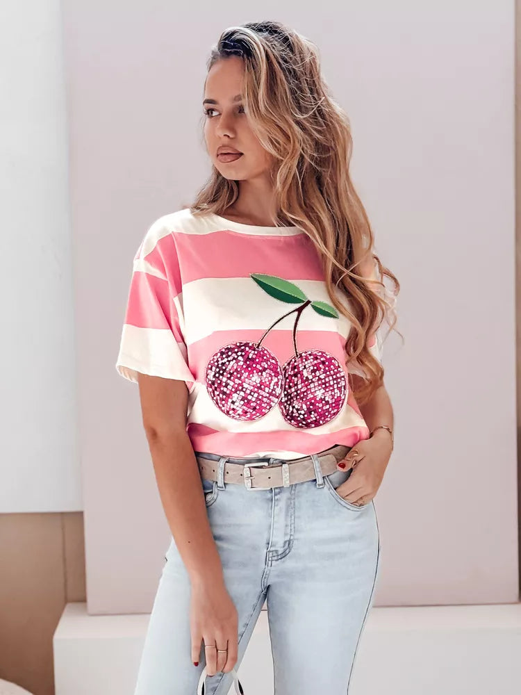 Moteriški rožiniai dryžuoti marškinėliai Disco