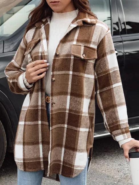 Moteriškas rudas marškinių stiliaus švarkas Plaidify