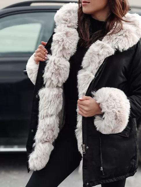 Moteriška juoda su rusvu kailiuku striukė Gibon