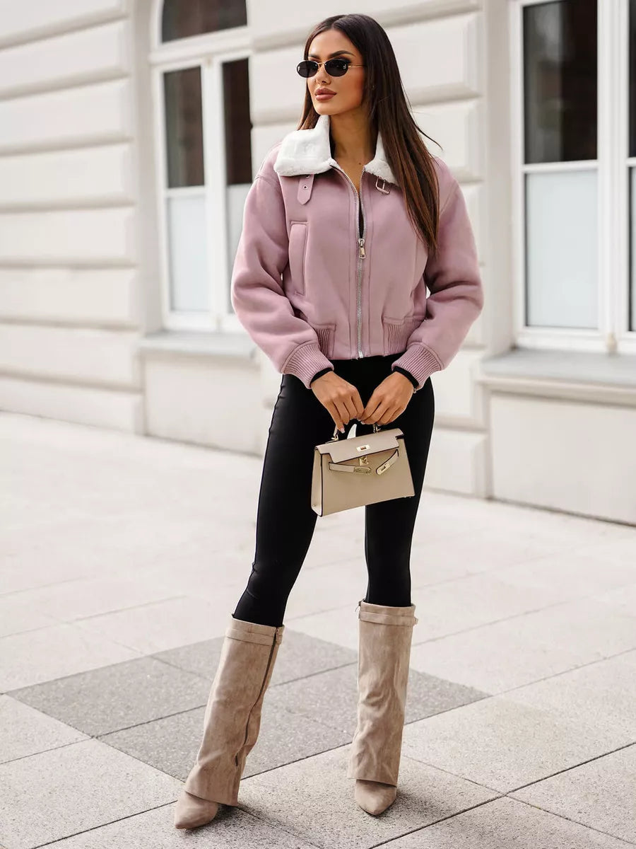 Rožinė striukė su baltu kailiuku Edit