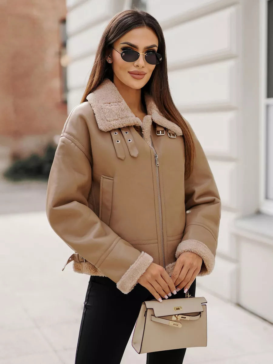 Moteriška rusva odinė striukė su kailiuku Maria