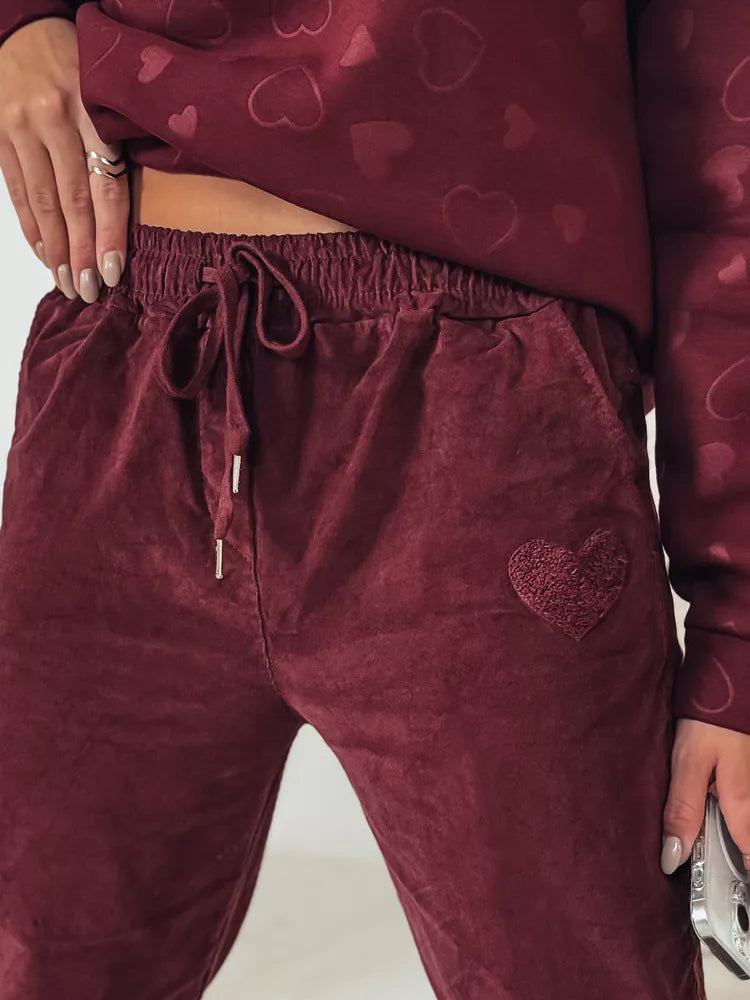 Moteriškos velvetinės bordo spalvos laisvalaikio kelnės Velvi