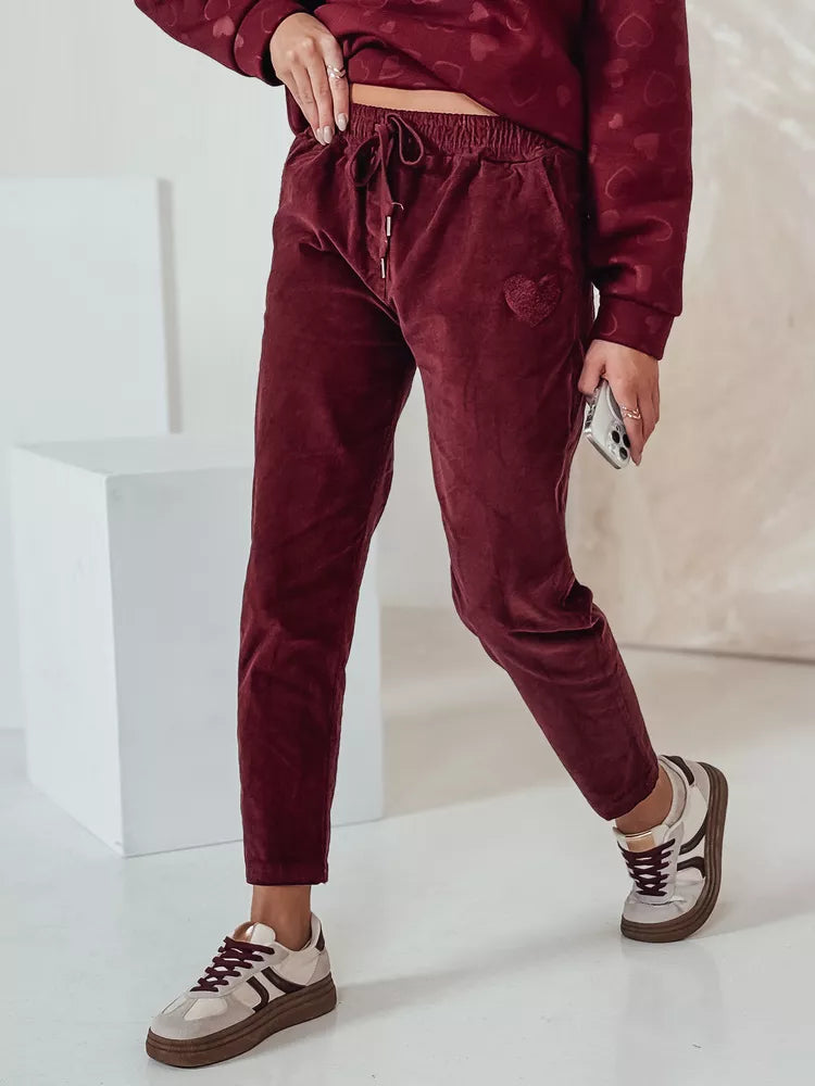 Moteriškos velvetinės bordo spalvos laisvalaikio kelnės Velvi