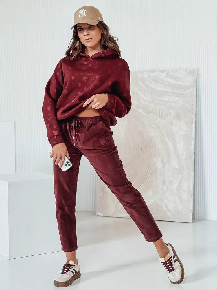Moteriškos velvetinės bordo spalvos laisvalaikio kelnės Velvi