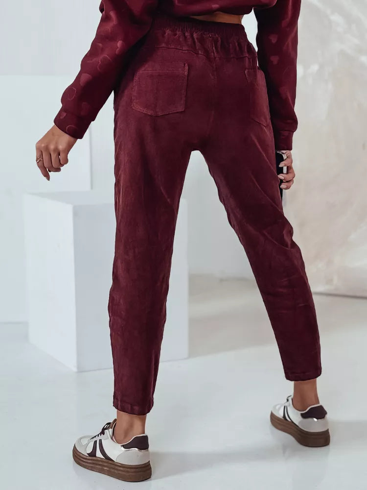Moteriškos velvetinės bordo spalvos laisvalaikio kelnės Velvi