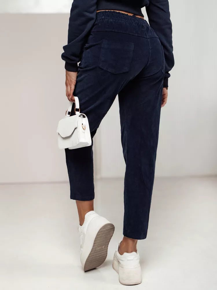 Moteriškos velvetinės tamsiai mėlynos spalvos laisvalaikio kelnės Velvi