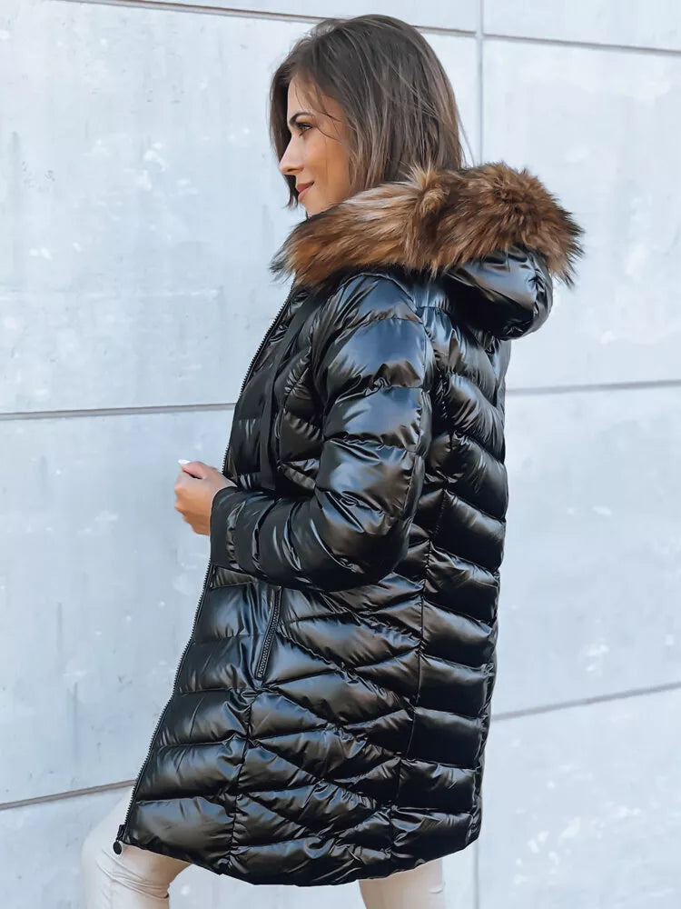 Moteriška dygsniuota juoda striukė su rudu kailiuku Crystal